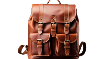 Dark brown leather school backpack, studio view, isolated on white background.