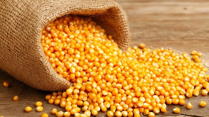 Corn kernels spilling from burlap sack on wood.