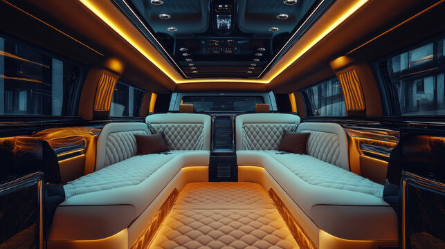 Luxury limousine interior with ambient LED lighting, quilted leather seats, spacious seating area, and modern design, designed for ultimate comfort and stylish transportation in exclusive events