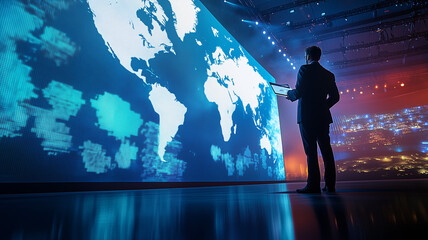 Investigative journalist presenting groundbreaking findings on a large stage at the Global Summit, a backdrop of world maps and media logos. Ai generated