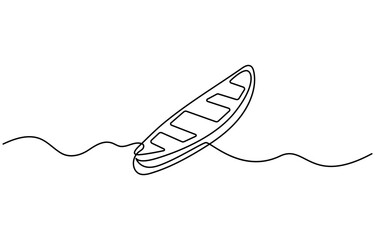 Single continuous line drawing canoe trails and rafting club with kayaking equipment. Vintage mountain, rafting, kayaking, paddling, canoeing camping. Outdoor Sports Continuous Line Editable Stroke,