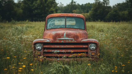 A rusted, vintage pickup truck parked in an overgrown field surrounded by wildflowers. Nostalgic, abandoned, and weathered relic of the past, blending into nature.