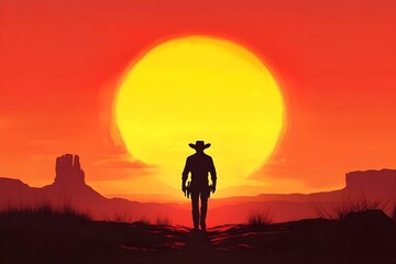 cowboy sunset clouds landscape desert background silhouette wild west artwork illustration