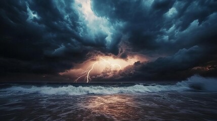Dramatic Lightning Storm Over Ocean Waves