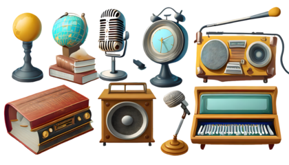 Retro objects 3d vector icon set. Microphone, TV, gramophone, audio cassette, alarm clock. Generative AI.