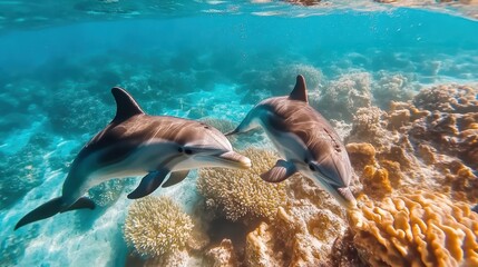 Obraz premium Playful Dolphins Swimming in Clear Tropical Waters