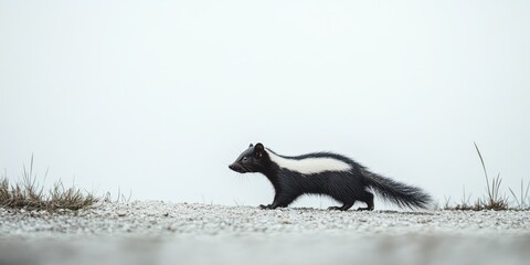 A solitary skunk walks along a gravel path, surrounded by a foggy landscape, showcasing its distinctive black and white stripes.