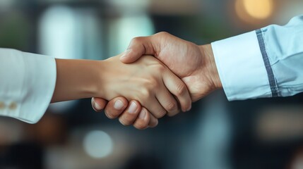 Two people shaking hands in a business deal.