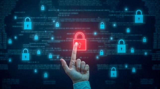 Mano che Seleziona un Lucchetto Rosso tra Lucchetti Blu in un Sistema di Sicurezza Informatica