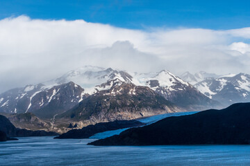 Impressive outlook on Grey Glacier from Paine Grande to Refugio Grey, along lake grey in Torres Del...