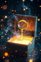 A glowing gift box with a glowing magnifying glass emerging, with tiny glowing particles surrounding the lens. 