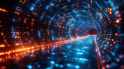 Tunnel filled with vibrant digital blue and orange