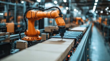 Robotic arm on assembly line in modern factory