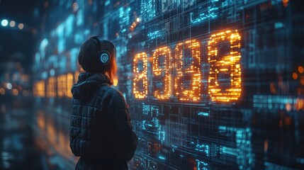 Woman Encounters Digital Wall of Numbers in Cyber