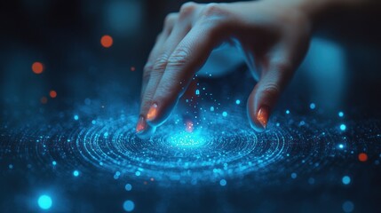 Hand Touches Futuristic Interface with Blue Aura