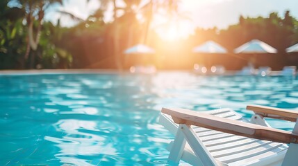 Fototapeta premium White beach chair over swimming pool background sunny summer outdoor day light