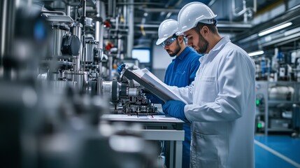 Naklejka premium Two technicians working on machinery in an industrial plant while reviewing technical documents during a routine maintenance check