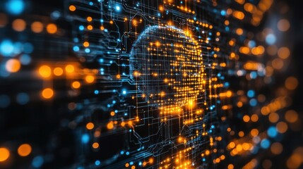 Abstract sphere composed of glowing digital network lines.