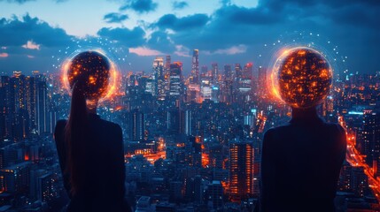 Two figures overlook cityscape with digital globe heads.