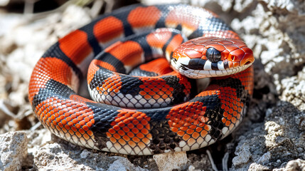 A vibrant king snake basking in the sun