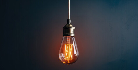A solitary incandescent bulb hangs against a dark backdrop, its warm glow casting intricate shadows, symbolizing a moment of inspiration and clarity.