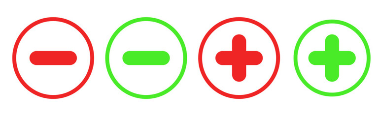 Vector graphics of add and minus icon in transparent circle with red and green outline. Plus icon green and red. EPS 10. Isolated on white background