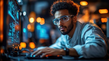 Man with focus studying data on digital displays