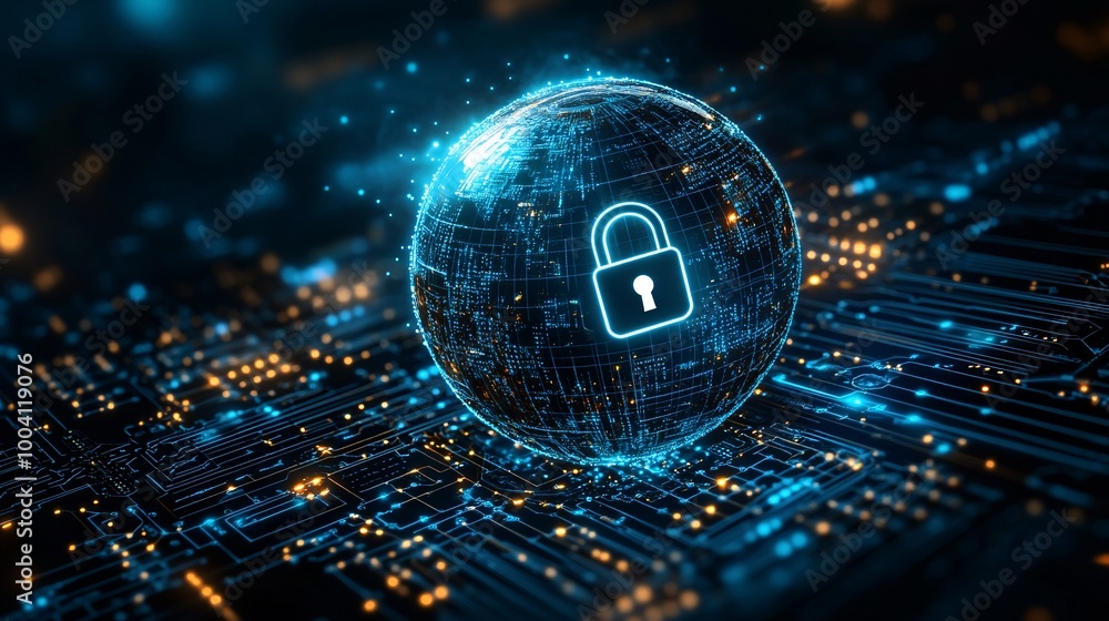 Poster futuristic digital security concept with glowing lock symbol on circuit board background