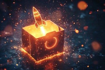 A glowing gift box with a glowing rocket icon lifting off, leaving a trail of glowing sparks behind. 