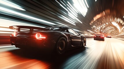 Naklejka premium A black sports car speeds through a tunnel with a blurred background.
