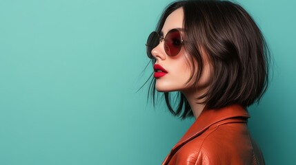 Stylish woman with short hair wearing round sunglasses and red lipstick, posing against a pastel background, modern fashion portrait, trendy look, bold makeup, confident expression