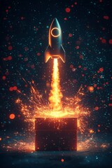 A glowing gift box with a glowing rocket icon lifting off, leaving a trail of glowing sparks behind. 
