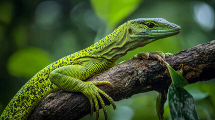 Fototapeta premium A vibrant green tree monitor basking on a branch