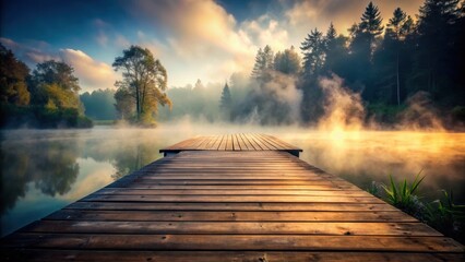 Fototapeta premium Mysterious fog covering a rustic wooden platform in the early morning mist