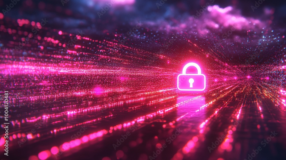 Aufkleber futuristic cybersecurity concept with glowing pink lock and digital data streams in a virtual space