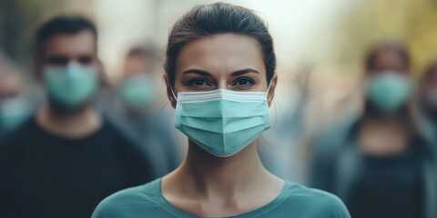 A woman confidently wears a face mask in a crowded urban setting, symbolizing health and safety in modern society.