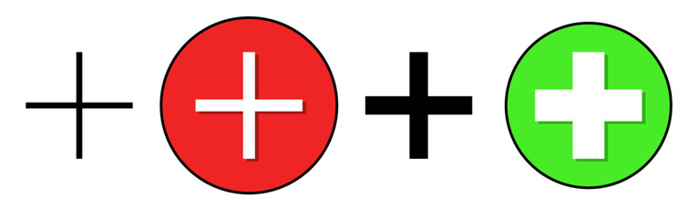 Vector graphics of a white add icon in a red and green circle with a black outline. Plus icon green and red. Flat design with shadow