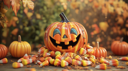 Adorable 3D pumpkin featuring a chubby, cheerful face, surrounded by a colorful mound of candy corn and a circle of charmingly carved pumpkins.