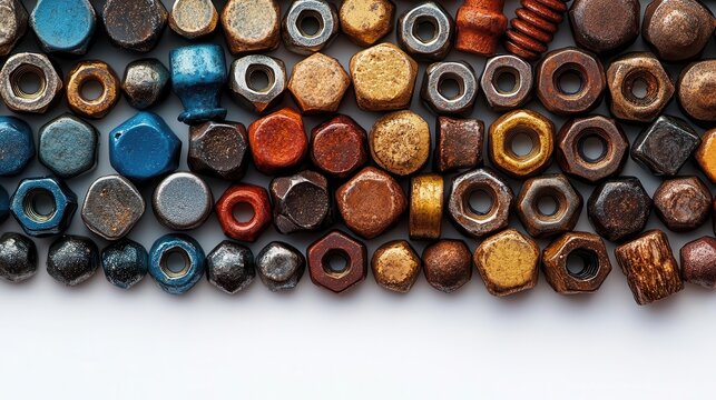 closeup of assorted nuts and bolts spread out against a clean white background offering ample copy space for design purposes suitable for industrialthemed projects
