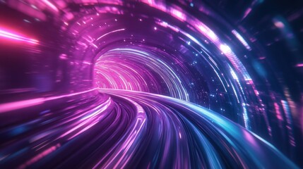 Obraz premium Futuristic winding tunnel with glowing purple lights.