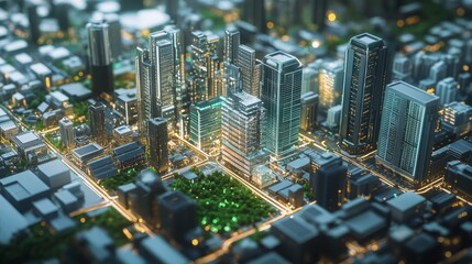 Aerial view of a modern cityscape with illuminated buildings.