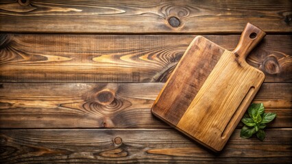 Fototapeta premium Wooden chopping board on rustic wooden background with space for text and copy