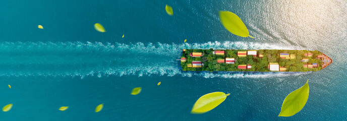 Container ship green Leave. green transportation industry eco shipping for sustainable energy saving environmental low carbon. Express Cargo Container Ship with contrail in the ocean © Yellow Boat