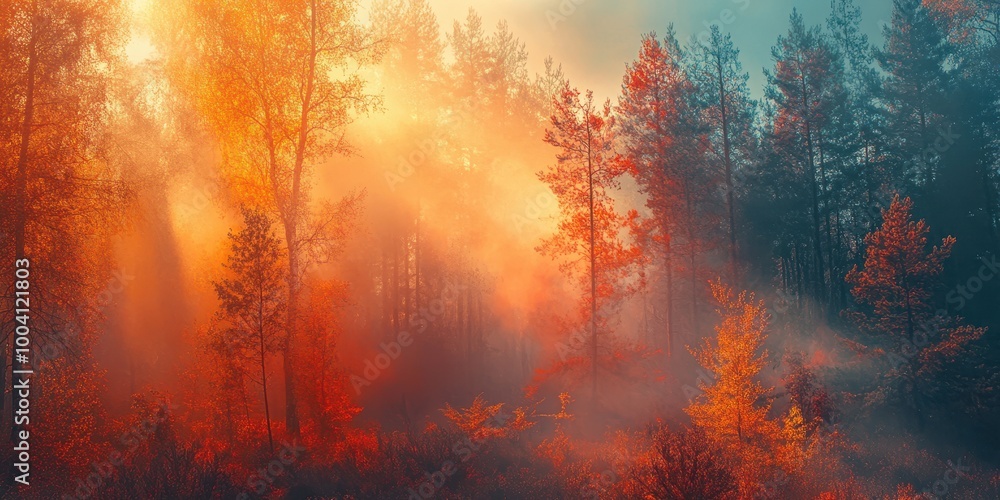 Poster breathtaking autumn forest scene with vibrant colors and soft mist, creating a serene and magical at