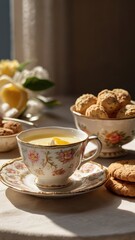 Sunlit Lemon Tea and Biscuits: A delightful image of a floral teacup filled with creamy lemon tea, accompanied by delicate biscuits, bathed in warm sunlight.