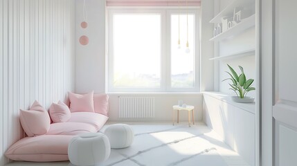 White child room in pastel colors in scandinavian minimalist style