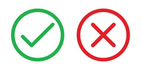 Correct and wrong icon set in green and red color sign isolated on white background. Tick, check mark, cross icons. Vector illustration.