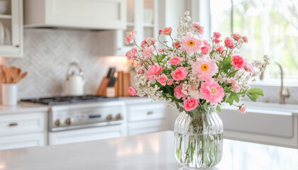 Bouquet of pink flowers sitting on kitchen island in modern home © ЮРИЙ ПОЗДНИКОВ