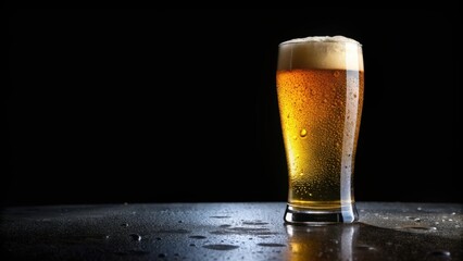 Refreshing glass of cold beer on black background with droplets of condensation