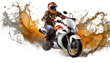 riding a motorcycle Splash on a white isolated background. Generative AI.